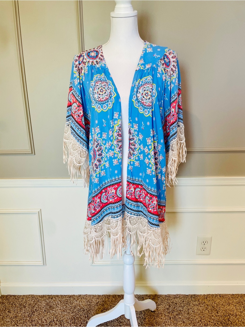 Umgee Blue M/L Boho Medallion Print Kimono Duster Crochet Fringe Trim